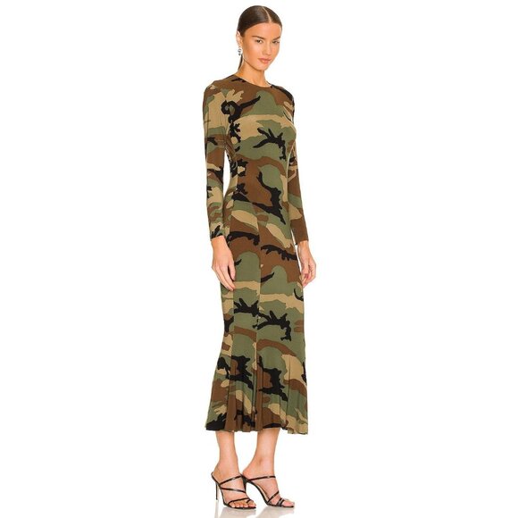 Norma Kamali Camo Crew Fishtail Dress Size Large - Picture 1 of 9